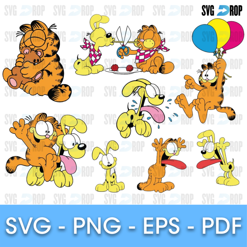 A full color Garfield and Odie set: Garfield with balloons, Odie licking and running, the pair together and Garfield dancing. SVG bundle