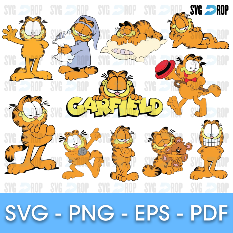 A Garfield set: Garfield in a nightcap with a pillow, sleeping on a cushion, wearing a red hat, hugging his teddy Pooky, plus yellow. SVG bundle