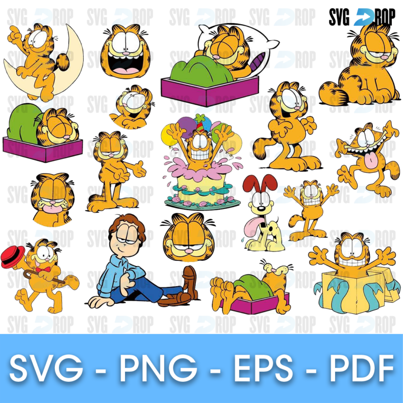 A full color Garfield collection: Garfield sleeping, eating and dancing, a birthday cake, Odie and Jon Arbuckle on the floor. SVG bundle
