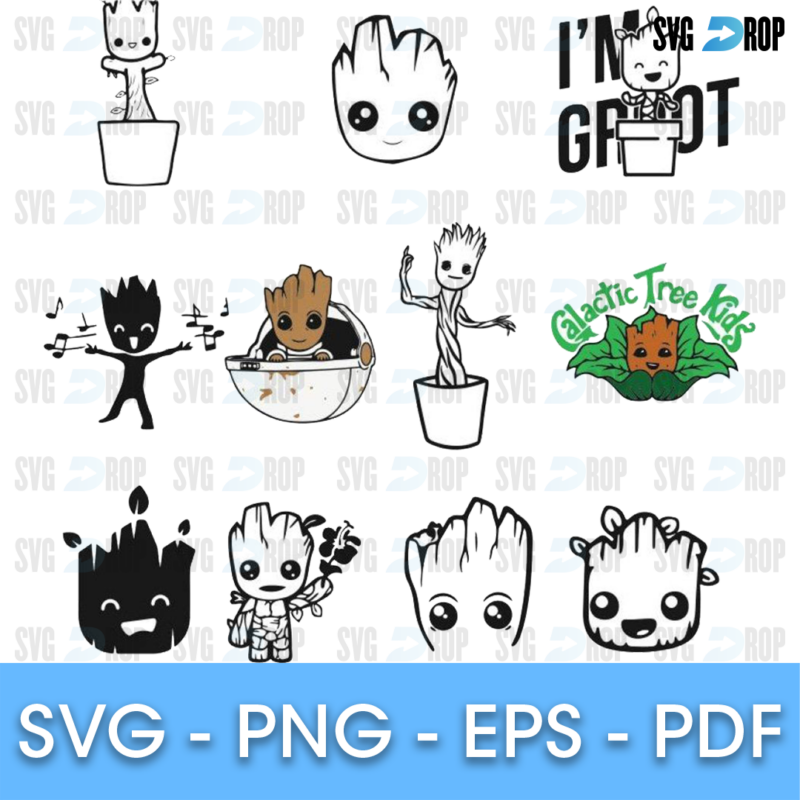 A sheet of Baby Groot designs: I’m Groot lettering, dancing Groot silhouettes with music notes, Groot in a pot, outline faces and a green. SVG bundle