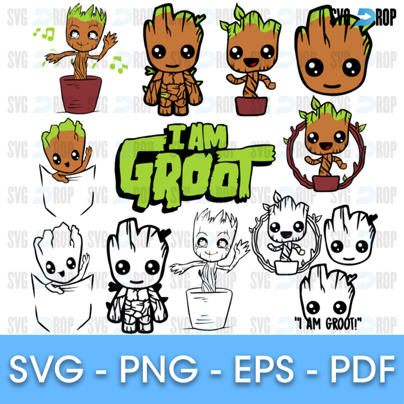 A sheet of Baby Groot designs: full color Groot in pots and a pocket, green I Am Groot lettering, dancing Groot with music notes. SVG bundle