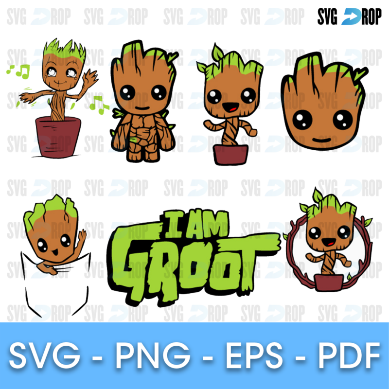 A sheet of full color Baby Groot designs: dancing Groot with music notes, Groot faces, Groot peeking from a pocket and green I Am Groot. SVG bundle
