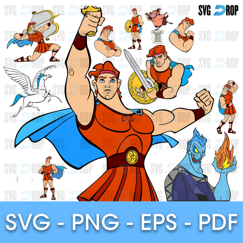 A full color Hercules set: a large Hercules flexing in his red tunic and blue cape, Pegasus, Hades with blue flames, Phil and Hercules. SVG bundle