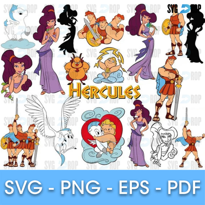 A Hercules collection: Megara in purple, black silhouettes, Phil, baby Hercules, Pegasus, Hercules with a sword and orange Hercules. SVG bundle