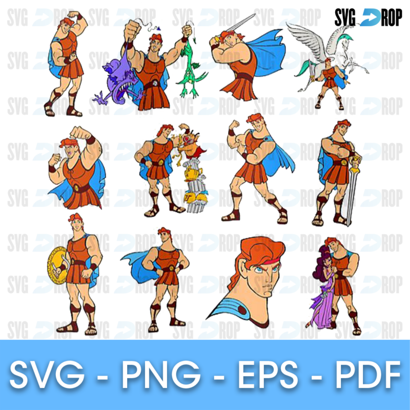 Full color Hercules designs: Hercules flexing, fighting and holding a shield, Pegasus, Pain and Panic, and Megara in her purple dress. SVG bundle