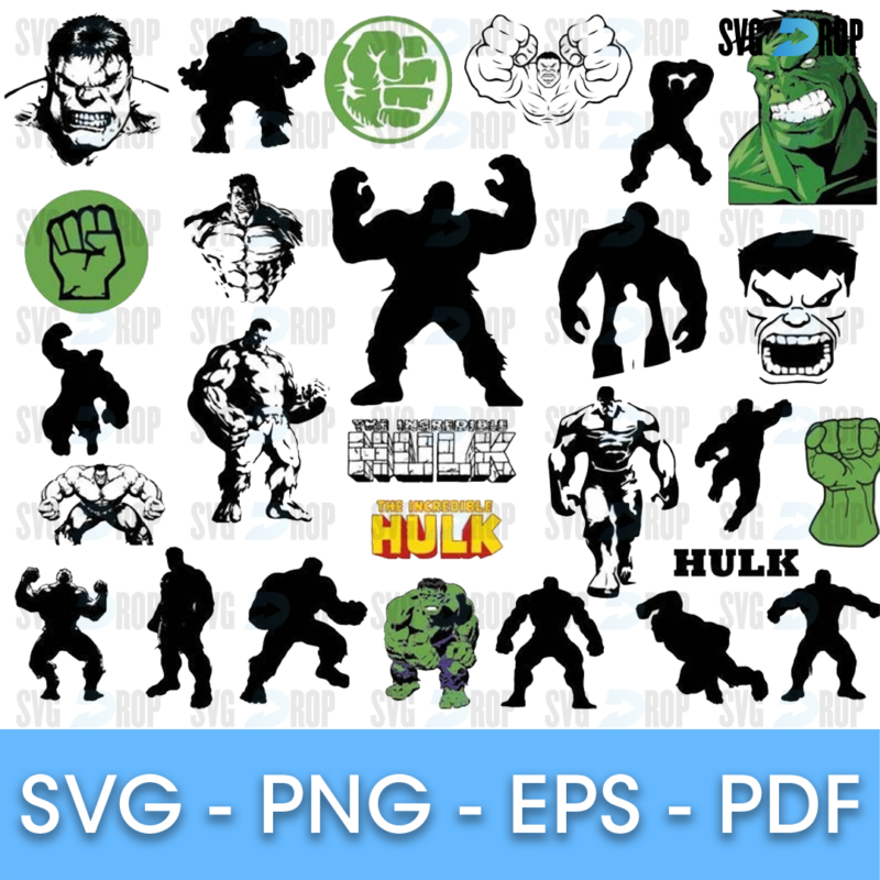 A set of black Hulk silhouettes in smashing and flexing poses, with Hulk faces, green fists, The Incredible Hulk logos and Hulk lettering. SVG bundle