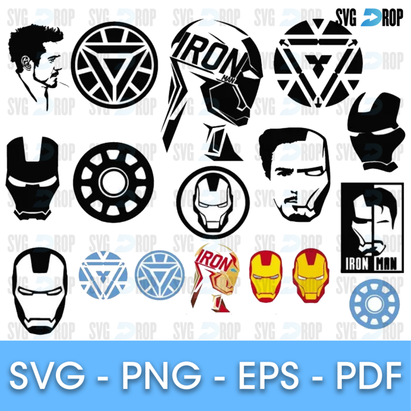 A sheet of mostly black and white Iron Man designs: helmet masks, arc reactor emblems, Tony Stark portraits and an Iron lettering helmet. SVG bundle