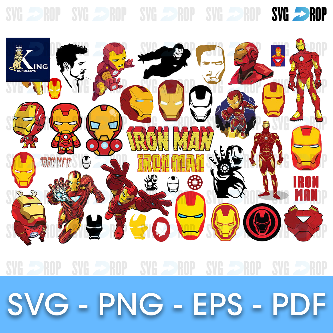 A sheet of full color Iron Man designs: chibi and flying Iron Man, red and gold helmets, Iron Man logos, Tony Stark portraits and arc. SVG bundle