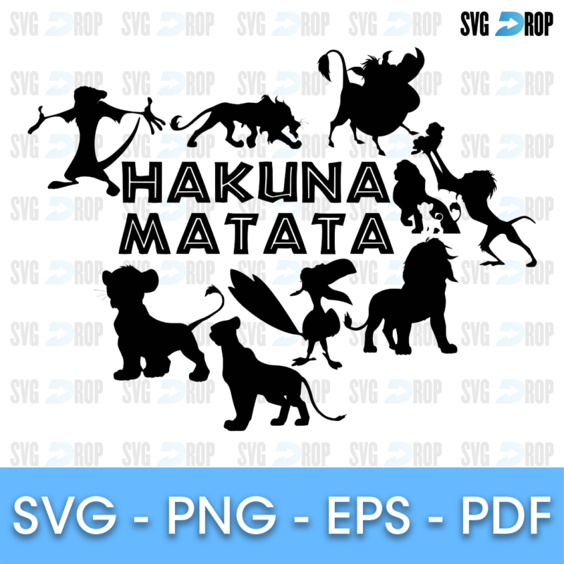 A sheet of black silhouettes with bold Hakuna Matata lettering: Timon, Pumbaa and Simba walking on a log, Rafiki holding up a cub, Zazu. SVG bundle
