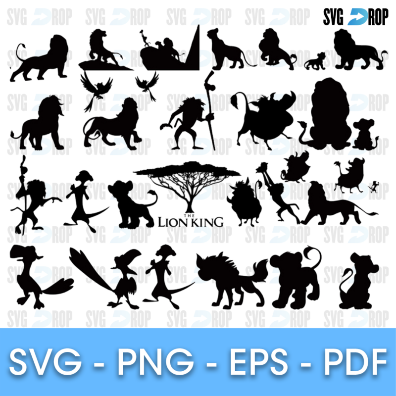 A large sheet of Lion King black silhouettes: Simba, Nala, Mufasa, Scar, Timon, Pumbaa, Rafiki, Zazu and hyenas around an acacia tree. SVG bundle