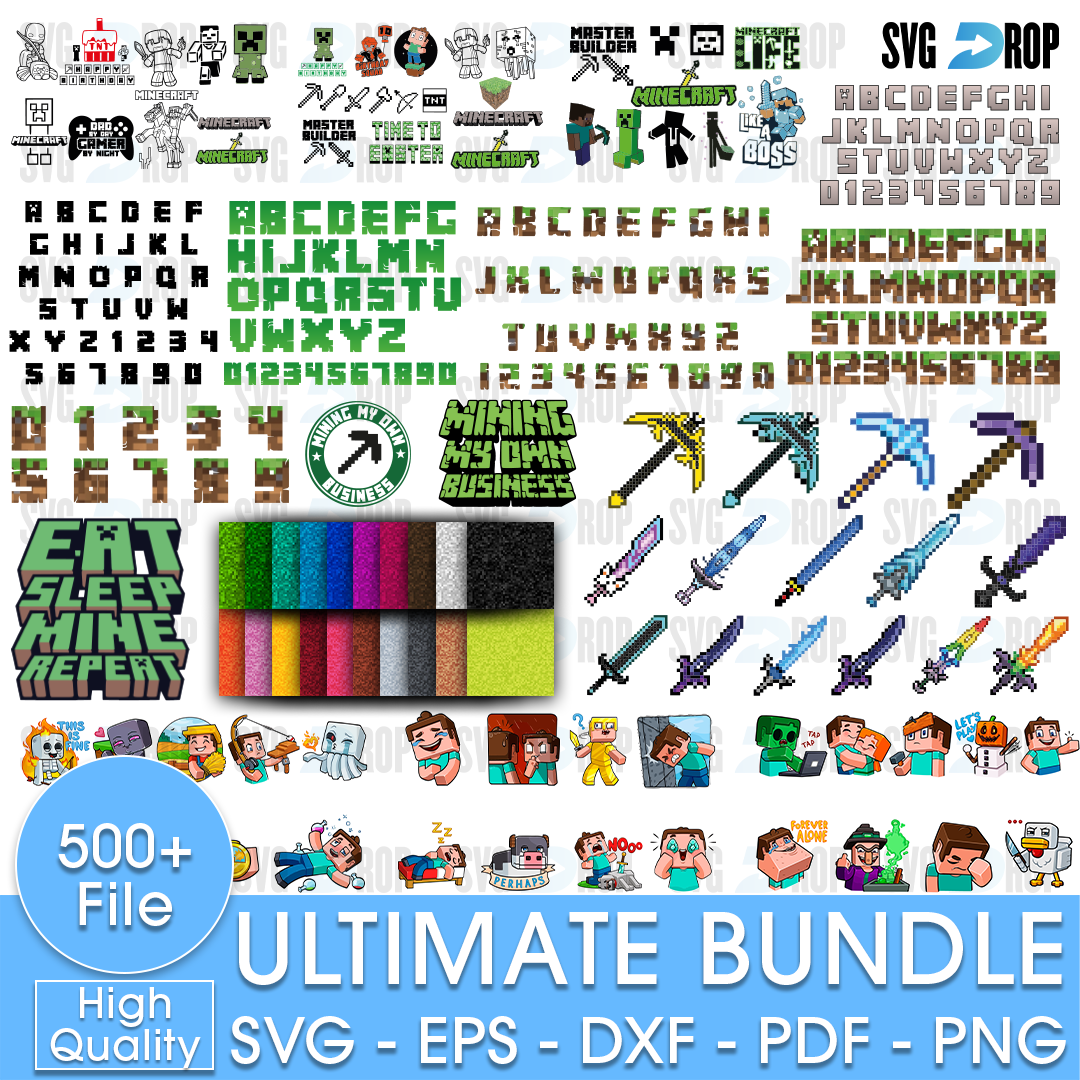 A large Minecraft collection: Steve, Alex, creepers, pixel swords and pickaxes, colorful blocks, Eat Sleep Mine Repeat, a Minecraft. SVG bundle