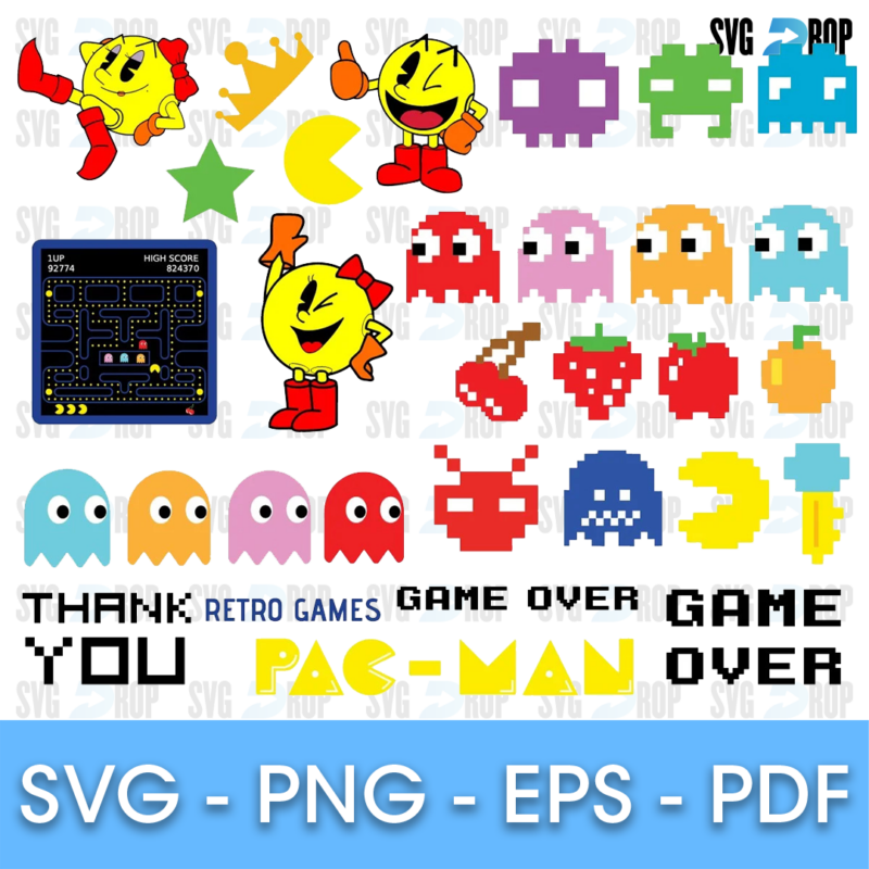 A sheet of Pac-Man designs: pixel ghosts and fruits, a maze screen, Pac-Man characters and Thank You, Retro Games, Game Over and Pac-Man. SVG bundle
