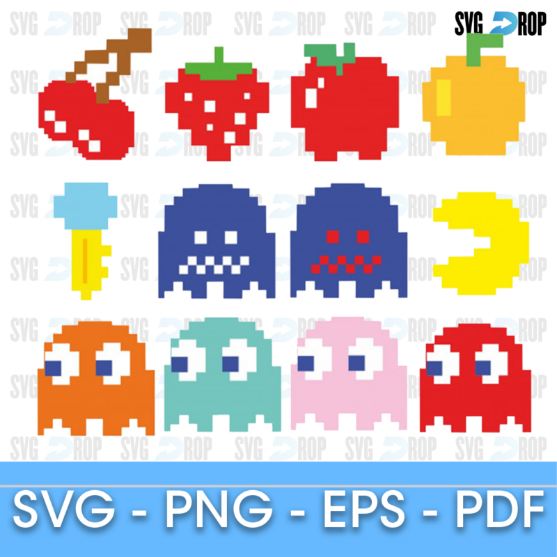 A set of pixel art Pac-Man designs: cherries, strawberry, apple, orange and a key, blue frightened ghosts, Pac-Man and orange, cyan, pink. SVG bundle
