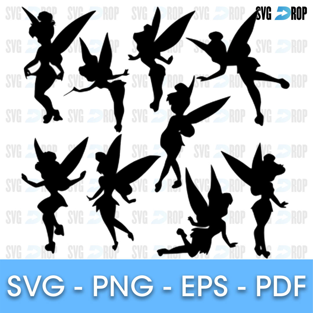 A sheet of black Tinker Bell silhouettes: flying, sitting, standing with hands on hips and lying down, all showing her wings and bun. SVG bundle
