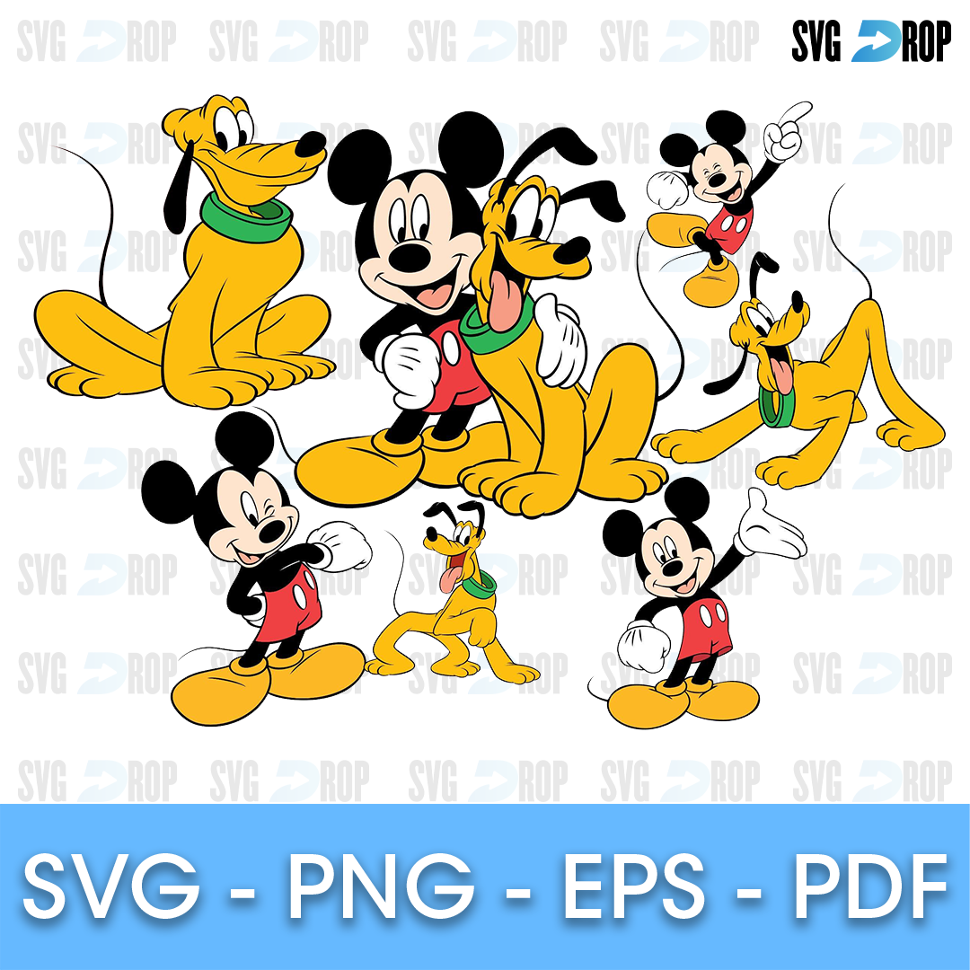A set of large full color designs of Pluto and Mickey Mouse together: Mickey hugging Pluto, standing and waving, and Pluto sitting. SVG bundle