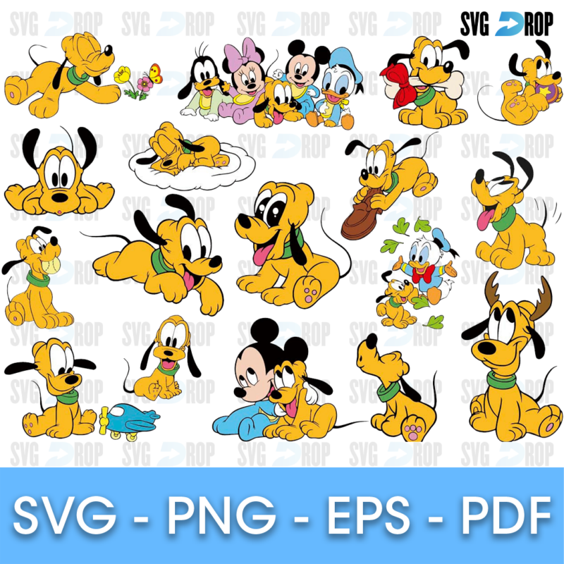 A sheet of full color Pluto designs: Pluto in sitting, lying and playing poses, baby Pluto, and baby Mickey, Minnie and Donald. SVG bundle
