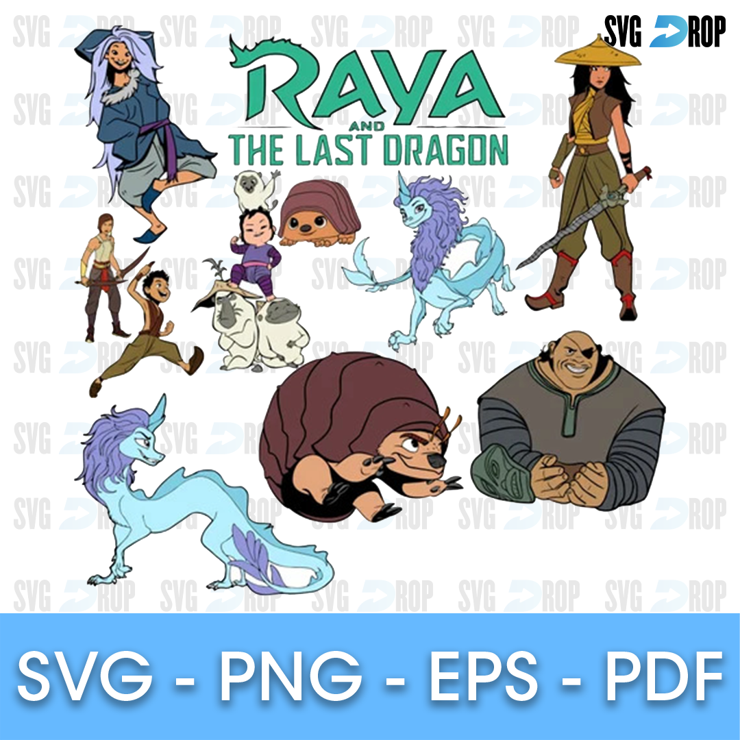 A sheet of full color Raya and the Last Dragon designs: the teal movie logo, Raya in her hat, Sisu, Tuk Tuk rolled up, Tong and baby Noi. SVG bundle