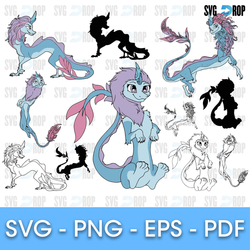 A sheet of Sisu dragon designs from Raya and the Last Dragon: full color Sisu poses, solid black Sisu silhouettes and black outline. SVG bundle