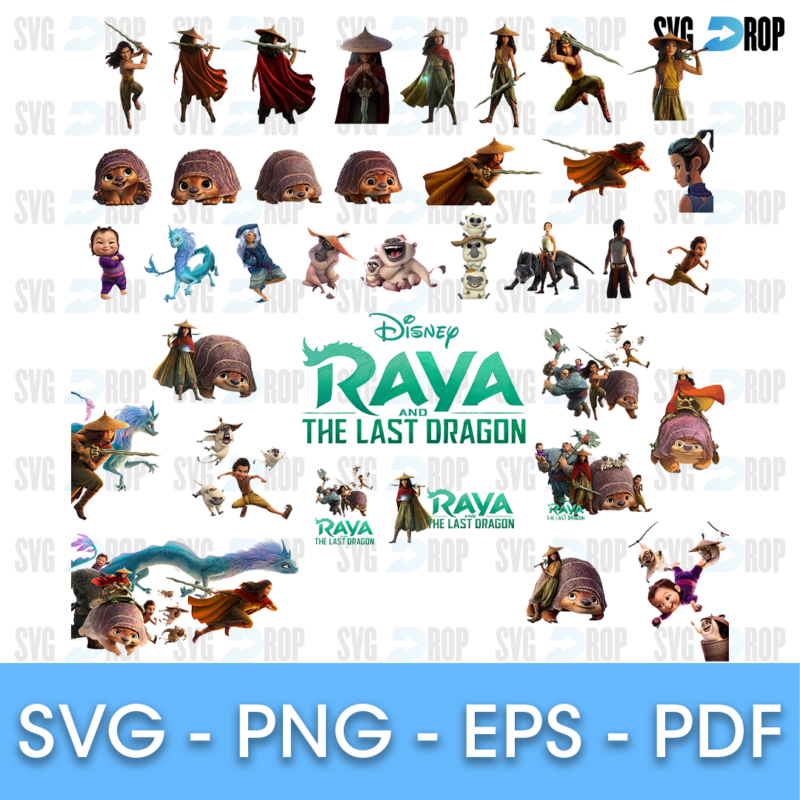A sheet of small full color Raya and the Last Dragon clipart: many poses of Raya, Sisu, Tuk Tuk and the cast, plus several Disney Raya. SVG bundle