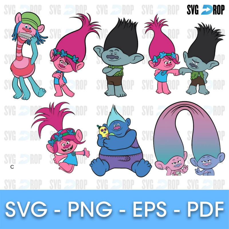 A full color Trolls set: pink Poppy, gray blue Branch, blue Biggie holding a small worm, Cooper and a long pink and purple hair arch. SVG bundle