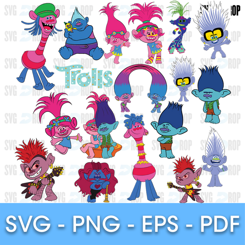 A full color Trolls set: the Trolls logo, Poppy, Branch, Biggie, Cooper, Barb with her guitar, Guy Diamond, a rainbow haired troll. SVG bundle