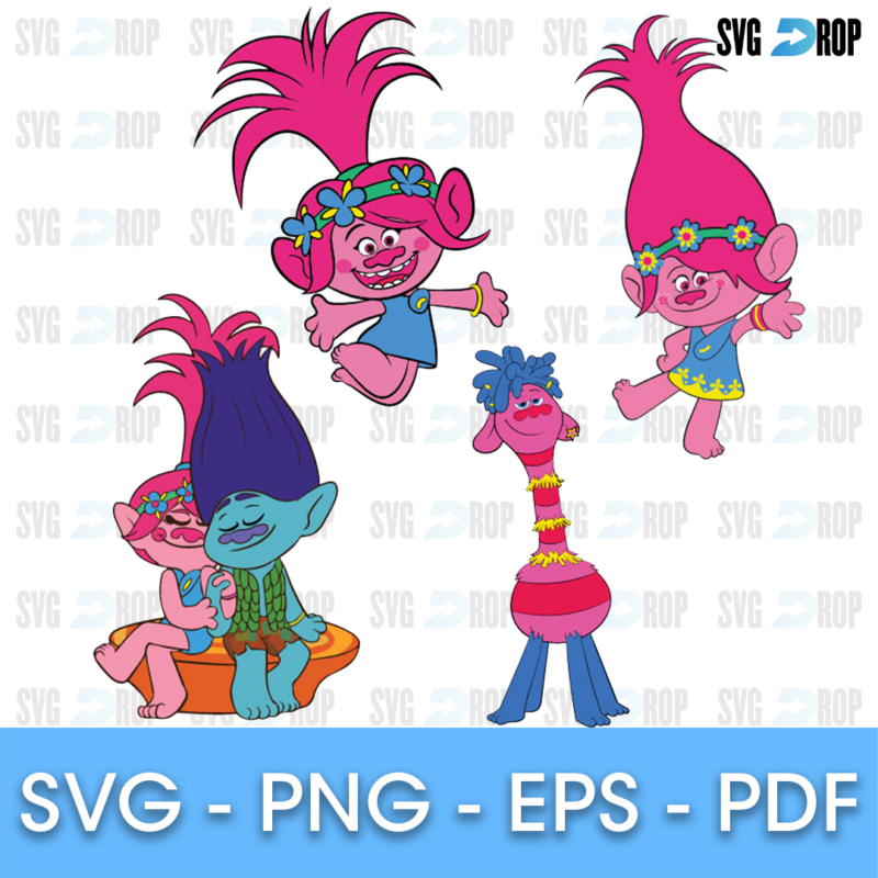 A full color Trolls set with large figures: Poppy jumping and waving, Poppy and Branch sitting together on an orange cushion and Cooper. SVG bundle