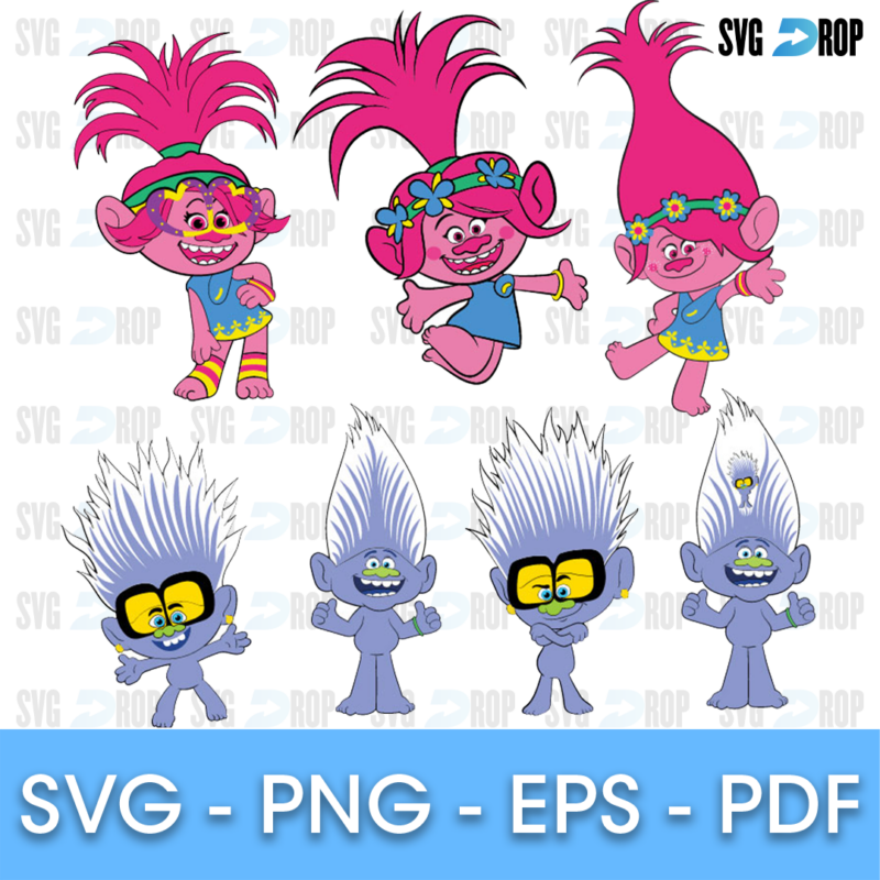 A full color Trolls set: Poppy in three happy poses above silver glitter trolls, some wearing yellow sunglasses. SVG bundle