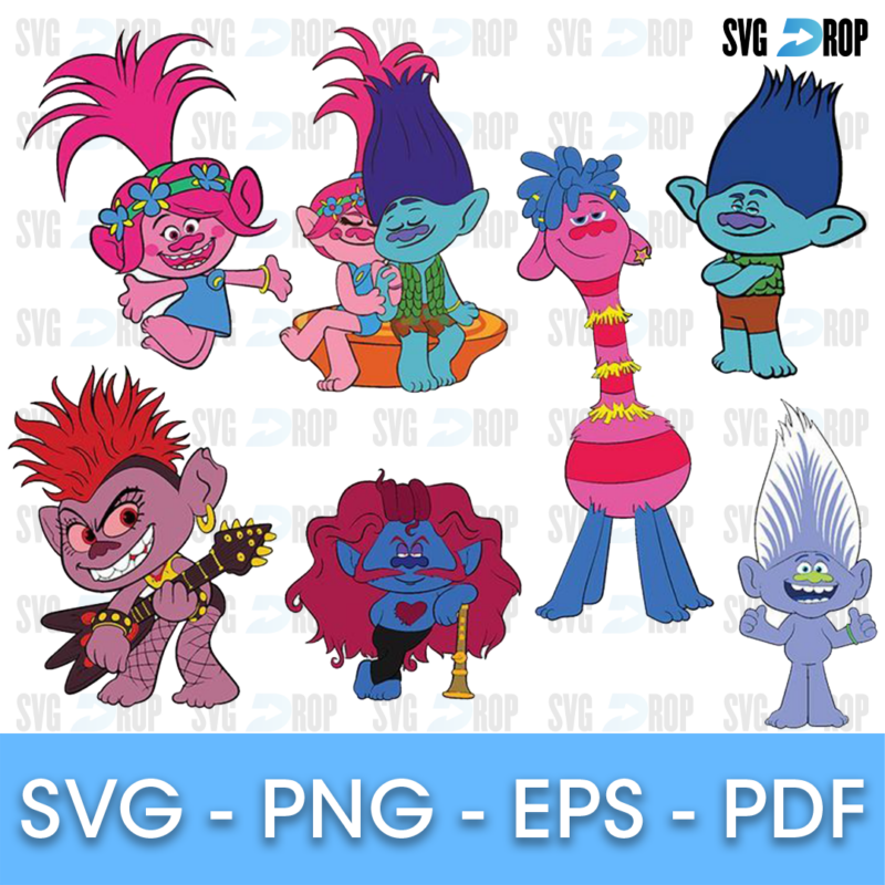 A full color Trolls set: Poppy, Branch sitting with Poppy, Cooper with his long neck, Barb with her red mohawk and guitar, a curly haired. SVG bundle