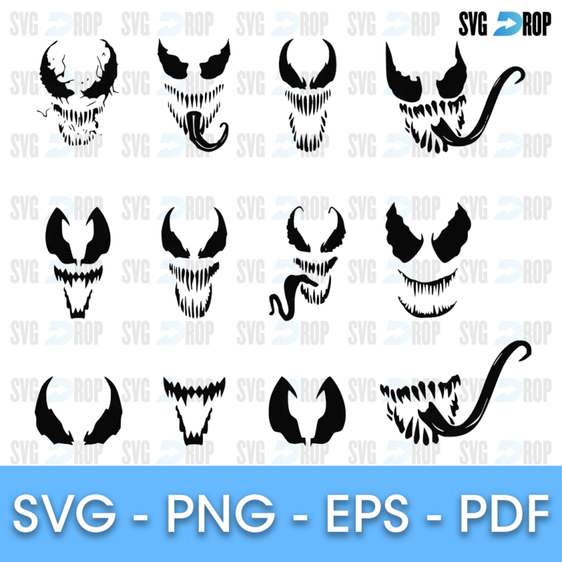 A Venom design set of black silhouettes: Venom eyes with jagged grins and long tongues in several face shapes. SVG bundle