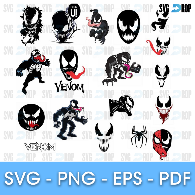 A Venom design set: black and white Venom faces and full body poses, Venom lettering logos, a spider emblem and a red half Spider-Man face. SVG bundle