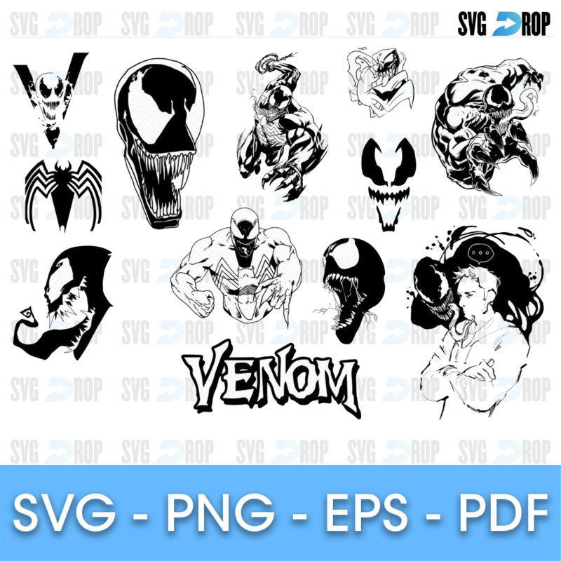 A Venom design set with detailed black and white portraits and line art: Venom baring his teeth, muscular full body poses, a spider. SVG bundle