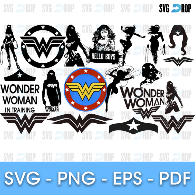 A black Wonder Woman set: the WW logo, a round emblem, Wonder Woman silhouettes with lasso, Wonder Woman In Training and Hello Boys. SVG bundle