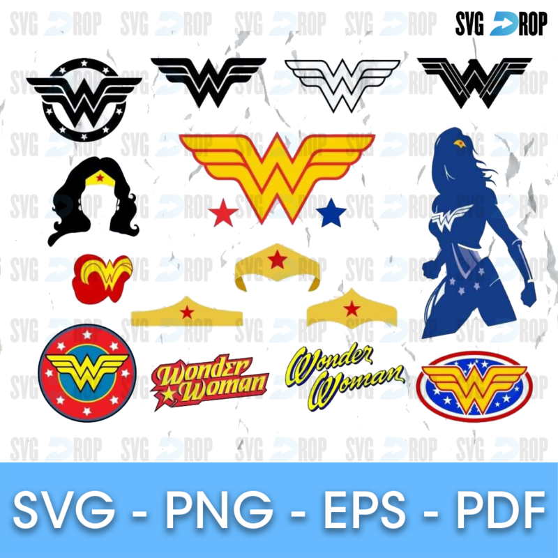 Wonder Woman logos in black, gray, gold and blue, with a blue silhouette, a black hair profile, gold tiaras, round emblems and script. SVG bundle
