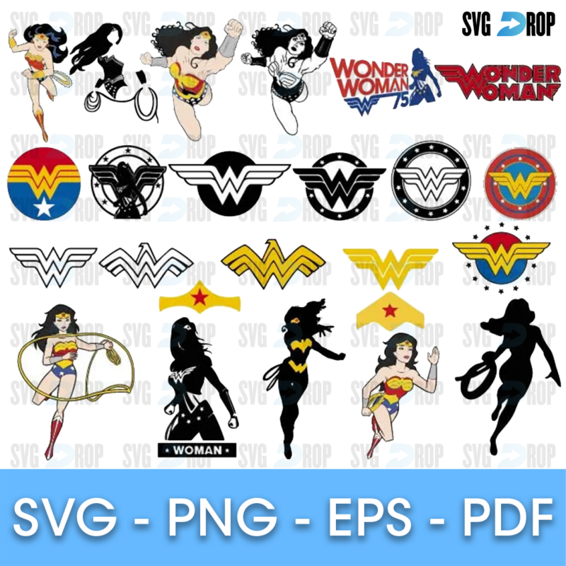 A Wonder Woman set: full color Wonder Woman with her lasso, black silhouettes, round shield emblems, WW logos in several colors and red. SVG bundle