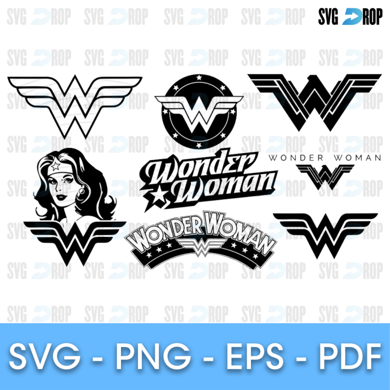 A black Wonder Woman set: WW logos in several styles, a round emblem, a Wonder Woman portrait and Wonder Woman lettering. SVG bundle