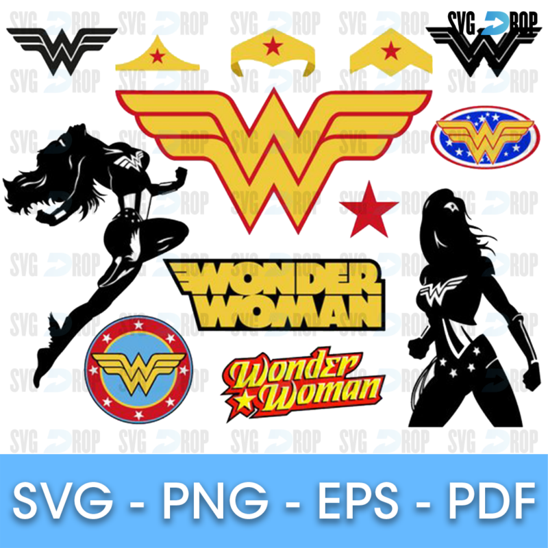 A Wonder Woman set: a large gold WW logo, gold tiaras, a red star, black silhouettes, round red and blue emblems and Wonder Woman. SVG bundle