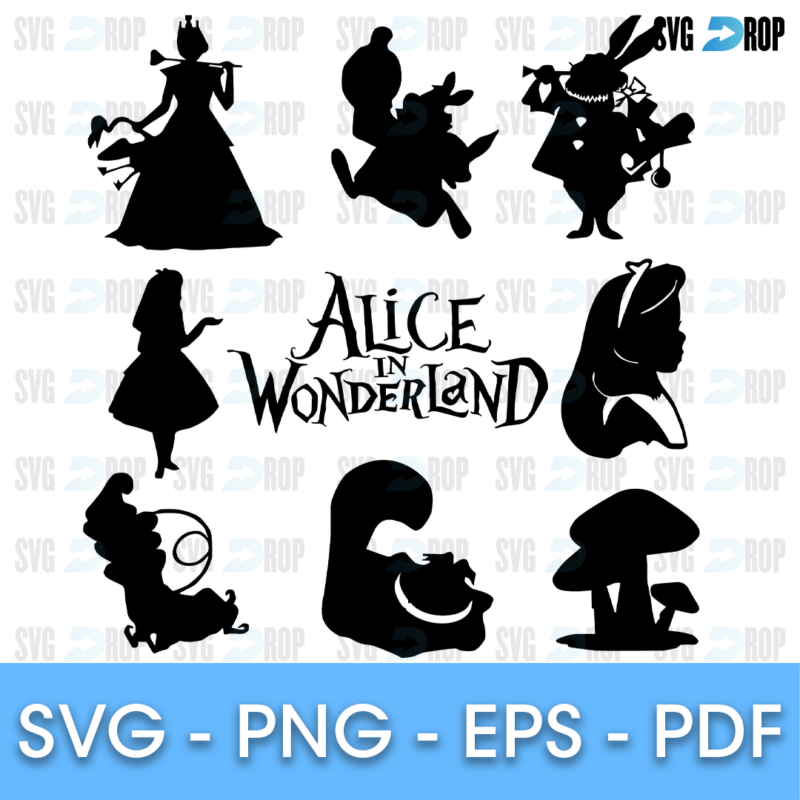 A set of large black Alice in Wonderland silhouettes: the Queen of Hearts, the White Rabbit, the Mad Hatter, Alice, the Cheshire Cat. SVG bundle