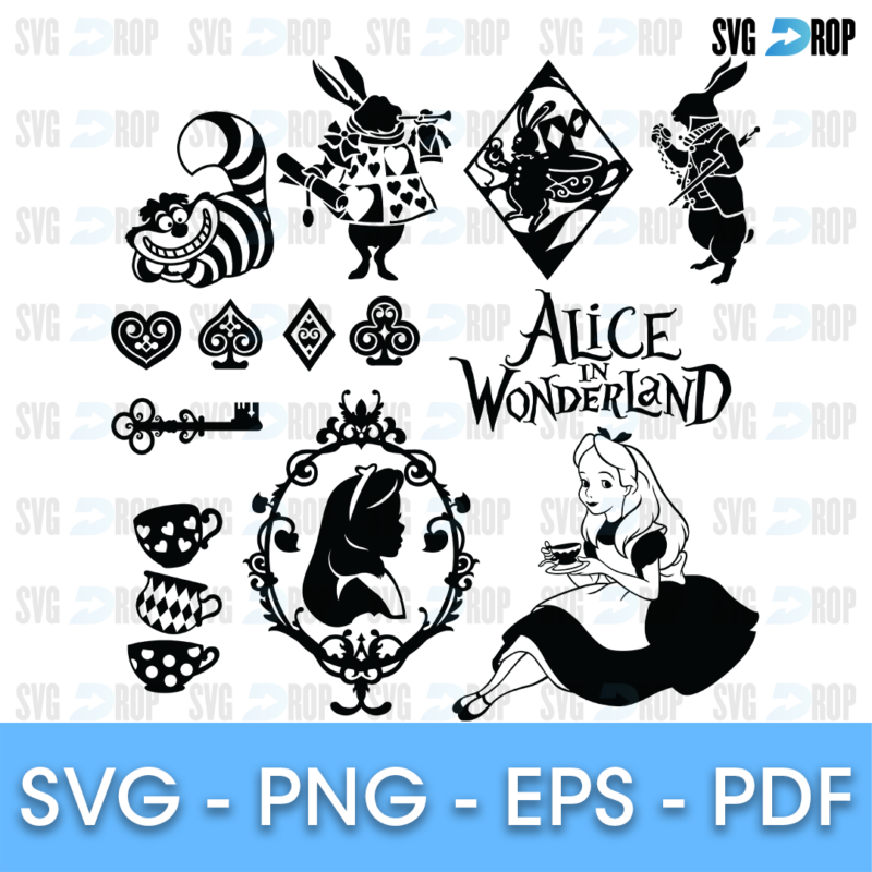 A sheet of Alice in Wonderland silhouettes: the Cheshire Cat, the White Rabbit, a card soldier, card suits, a key, teacups, Alice. SVG bundle