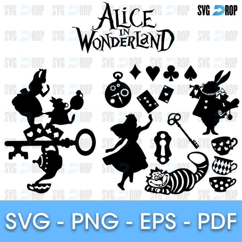A set of black Alice in Wonderland silhouettes with the title lettering: Alice, the White Rabbit, a key, pocket watches, card suits. SVG bundle
