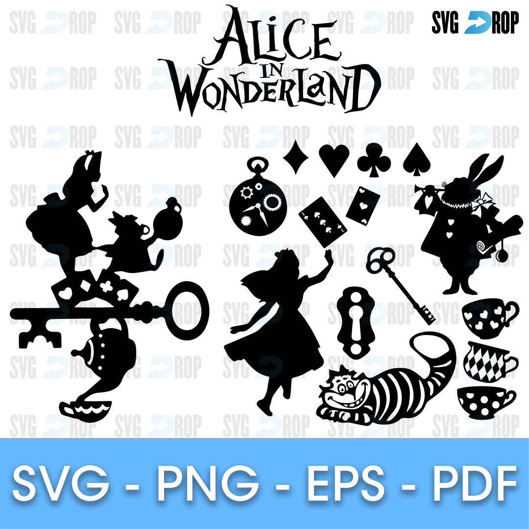 A set of black Alice in Wonderland silhouettes with the title lettering: Alice, the White Rabbit, a key, pocket watches, card suits. SVG bundle