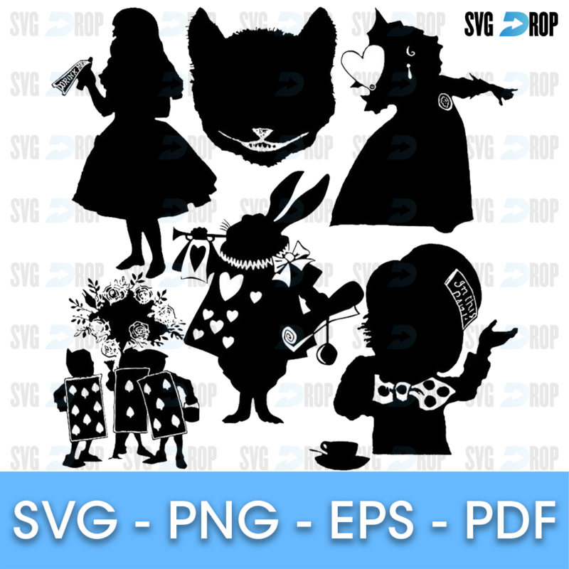 A set of black Alice in Wonderland silhouettes: Alice, the Cheshire Cat grin, the Queen of Hearts, the White Rabbit with his clock. SVG bundle