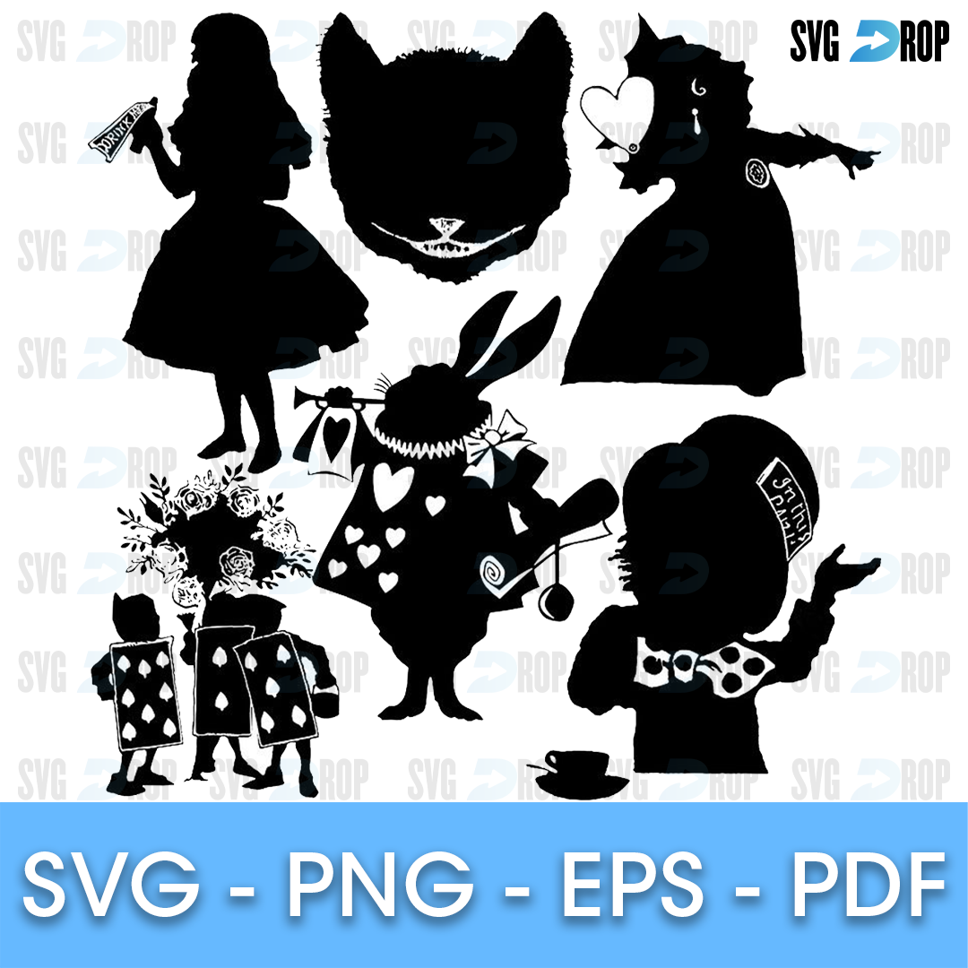 A set of black Alice in Wonderland silhouettes: Alice, the Cheshire Cat grin, the Queen of Hearts, the White Rabbit with his clock. SVG bundle