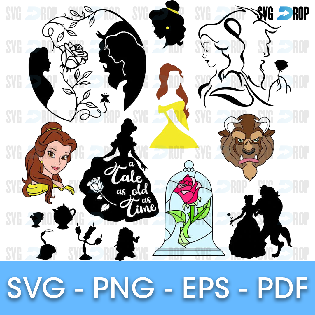 A set of Beauty and the Beast designs: Belle and Beast silhouettes, a Belle profile, the Beast’s face, Tale as Old as Time lettering. SVG bundle