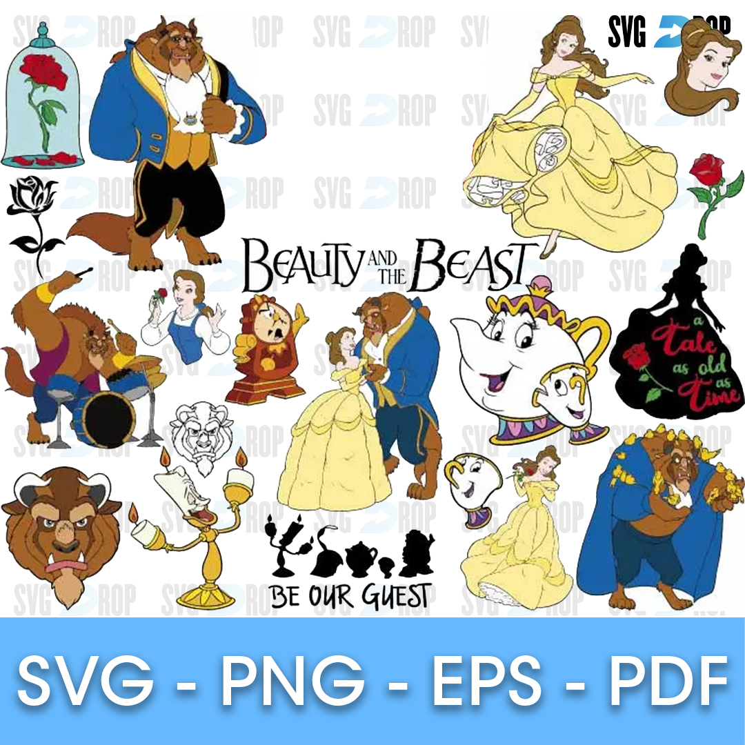 A sheet of full color Beauty and the Beast designs: Belle in her yellow gown, the Beast, Mrs. Potts and Chip, Lumiere, Cogsworth. SVG bundle