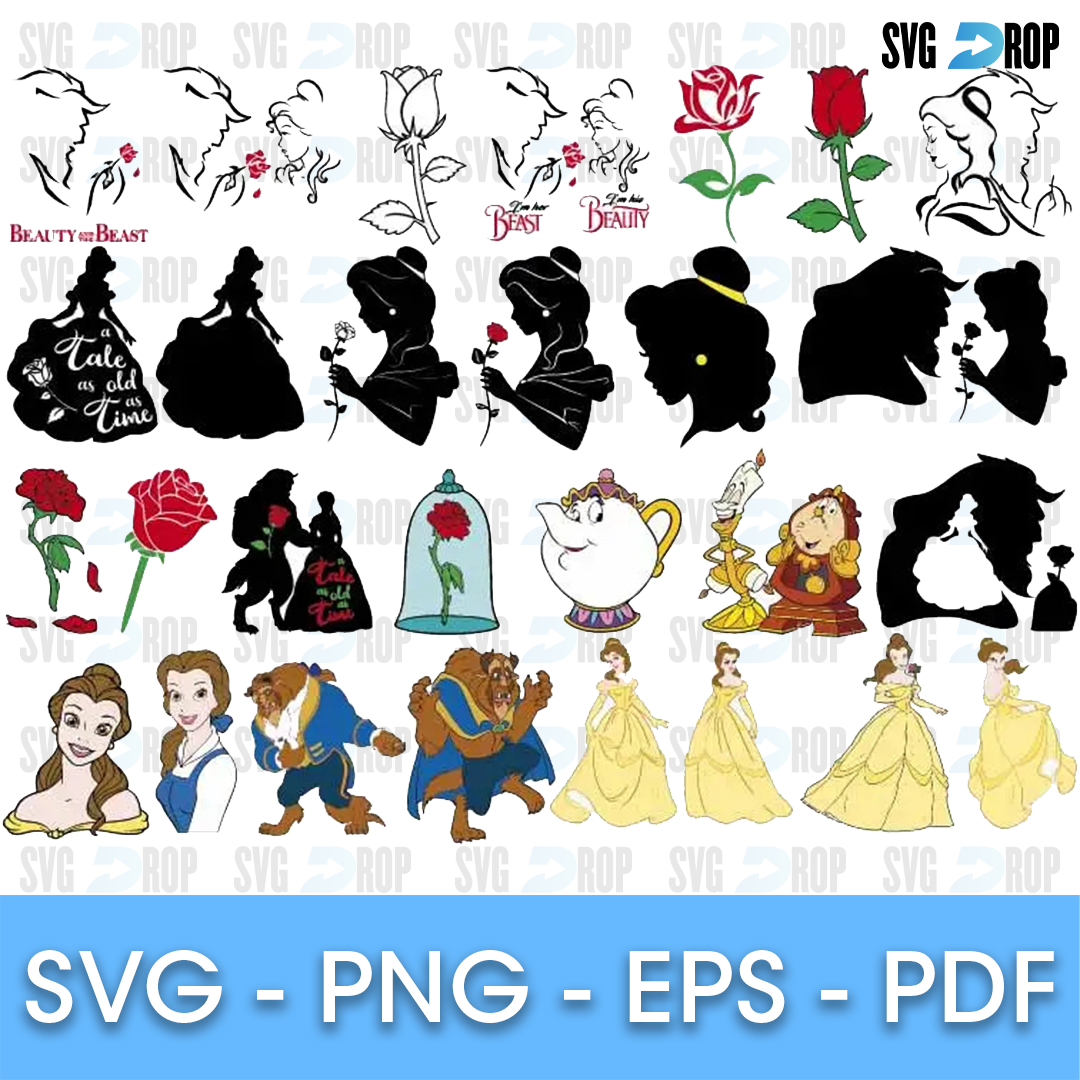 A sheet of Beauty and the Beast designs: Belle and the Beast dancing, red roses, the rose in a glass dome, Mrs. Potts and Chip, Lumiere. SVG bundle