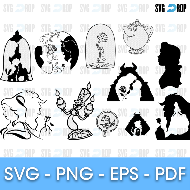A set of black Beauty and the Beast designs: Belle profile line art, the rose in a glass dome, Mrs. Potts, Lumiere, the Beast and Belle. SVG bundle