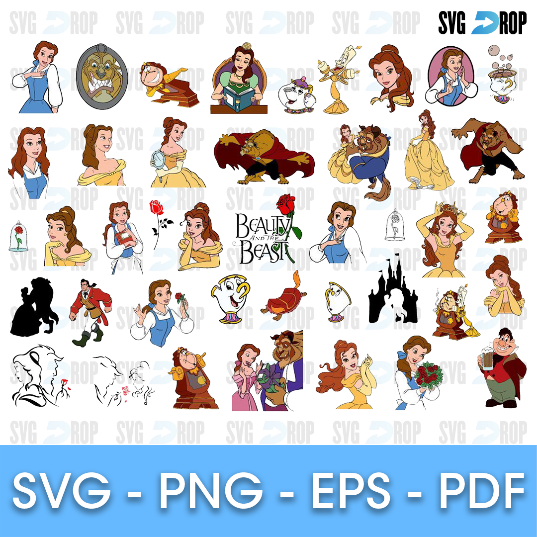 A sheet of full color Beauty and the Beast designs: Belle reading, the Beast, Gaston, Mrs. Potts, Chip, Lumiere, Cogsworth, a castle. SVG bundle
