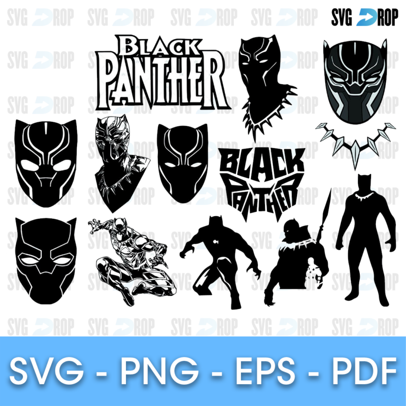 A sheet of black Black Panther designs: masks, the hero crouching and standing, a panther head, a claw necklace and two Black Panther. SVG bundle