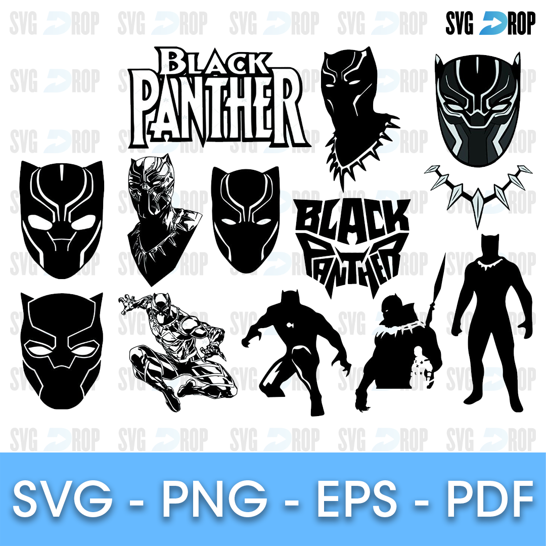 A sheet of black Black Panther designs: masks, the hero crouching and standing, a panther head, a claw necklace and two Black Panther. SVG bundle