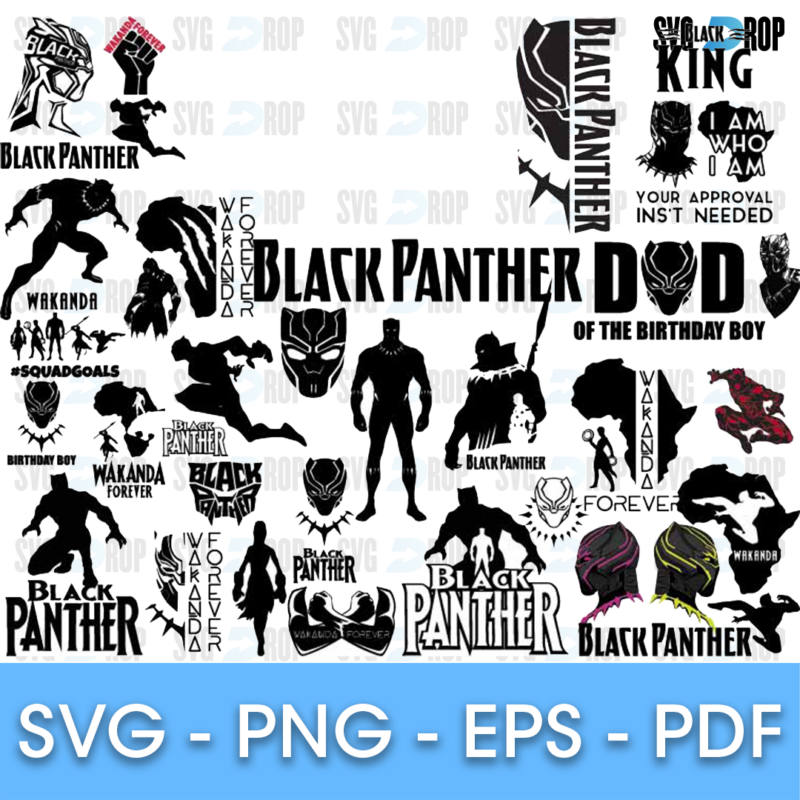 A sheet of black Black Panther designs: Dad of the Birthday Boy, King, I Am Who I Am, #SquadGoals, Wakanda Forever, Africa maps and hero. SVG bundle